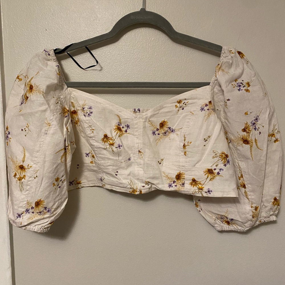 Floral Puff Sleeve Crop Top - White